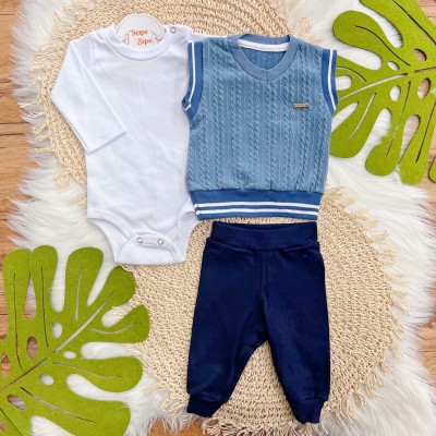 Conj. Colete Trançado, Body Manga Longa e Calça - Azul Jeans